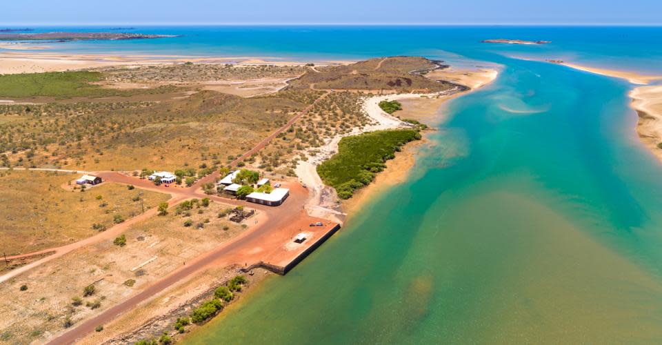 Aerial view of Cossack, the Harding River and Settlers Beach.