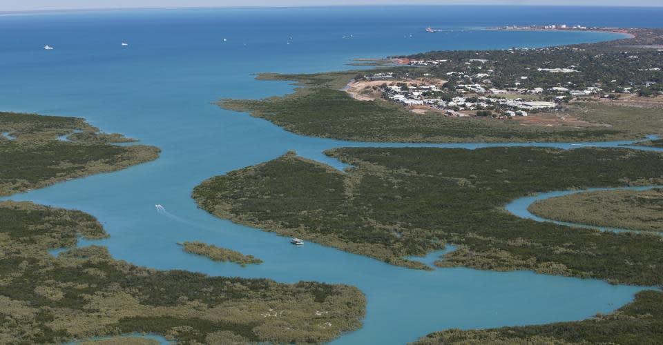 Aerial view over Chinatown Broome and Roebuck Bay