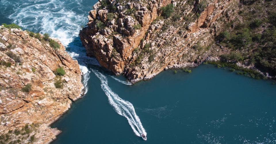 Boat traversing Horizontal Falls as seen from the air.