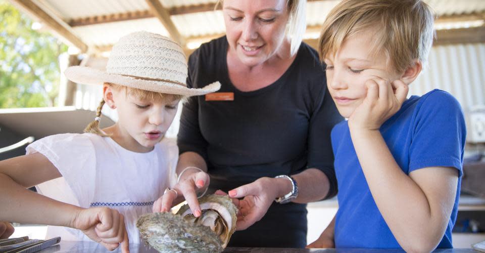 Children learning about pearls at the Willie Creek Pearl Farm Tour