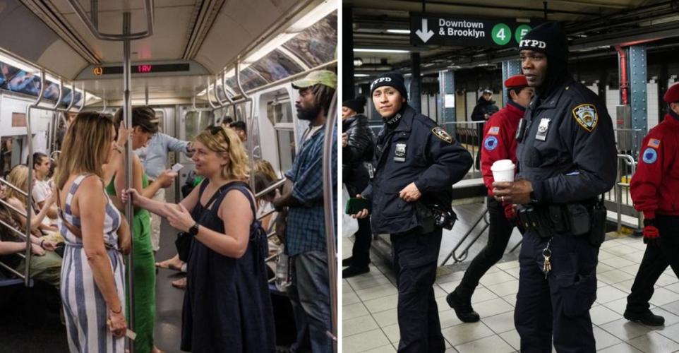 Two scenes inside the New York City subway: passengers standing on a crowded L train car, and NYPD officers patrolling a station platform beneath a Downtown and Brooklyn directional sign.