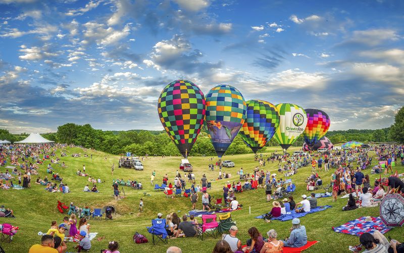 Hot-air balloons at the Great Galena Balloon Race pre-glow lineup