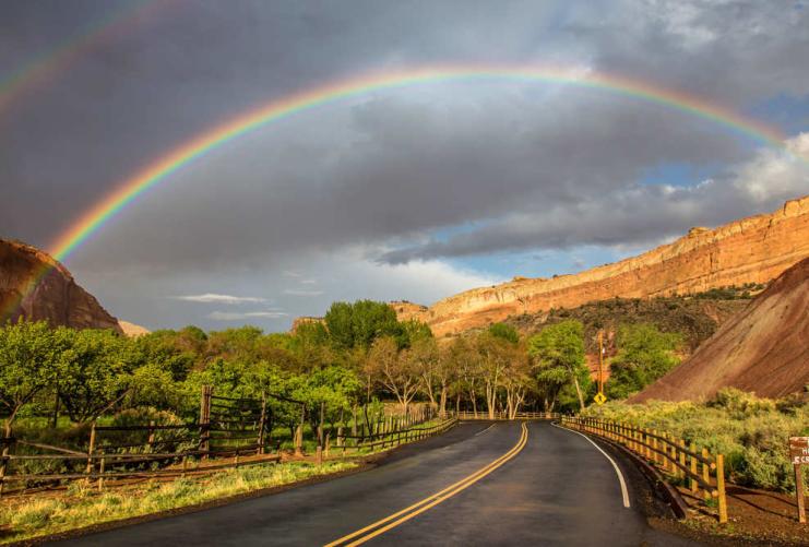 Double rainbow over the road in Capitol Reef National Park