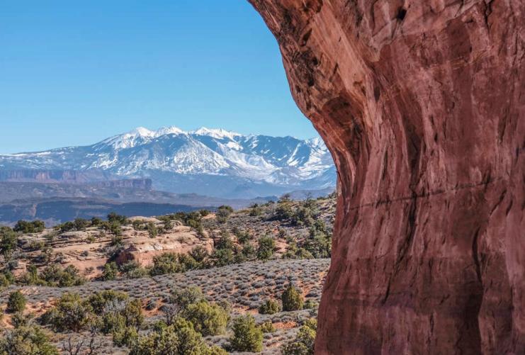 View of La Sal Mountains Near Sand Dune & Broken Arch Trail
