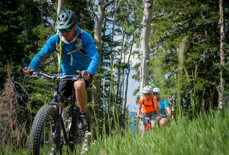Three mountain bikers in the tall grass in the mountains by Beaver Utah