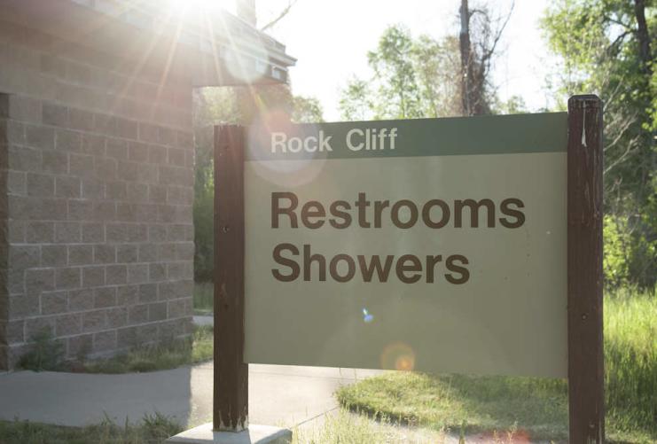 Rock Cliff Restrooms and Showers sign at Jordanelle State Park