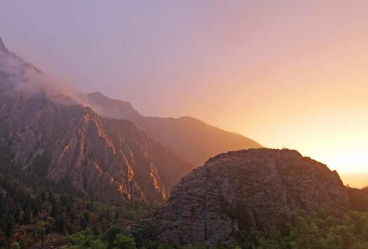 View down Big Cottonwood Canyon with sunset