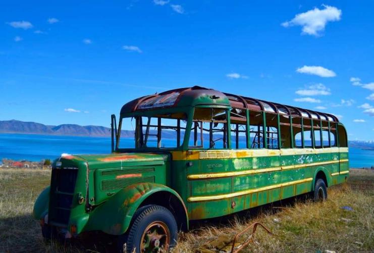 Rust old school bus at Bear Lake Utah