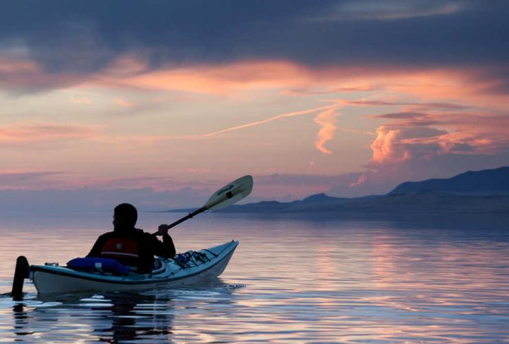 Kayaking on the Great Salt Lake at Sunset