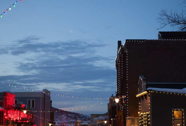 Park City downtown with winter lights set up