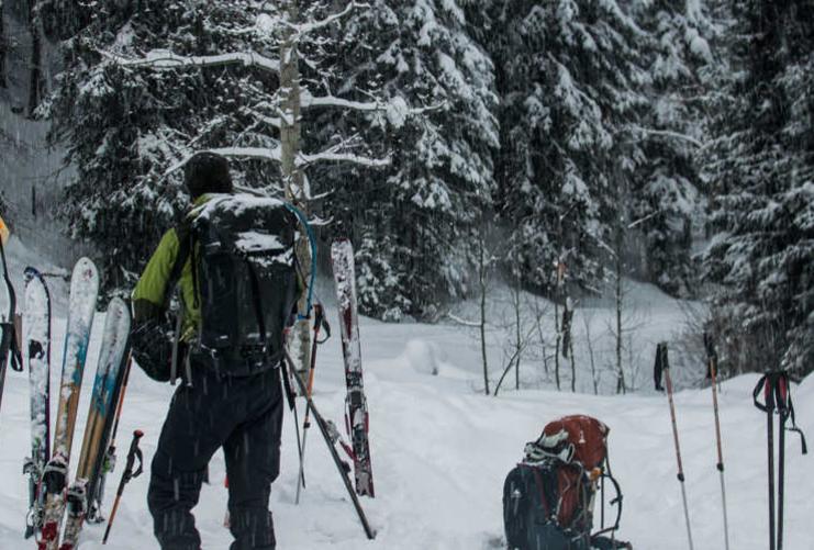 Skis and poles stuck in the snow