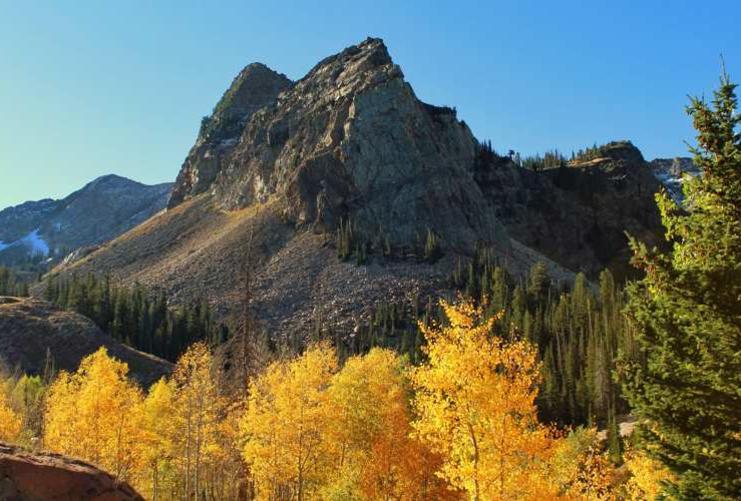 Sundial Peak by Lake Blanche with yellow fall leaves