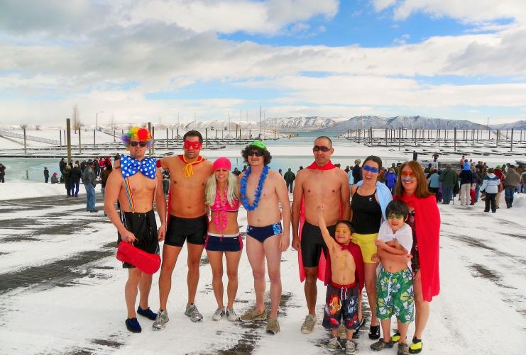 Group of people in costumes for the Polar Plunge at Bear Lake