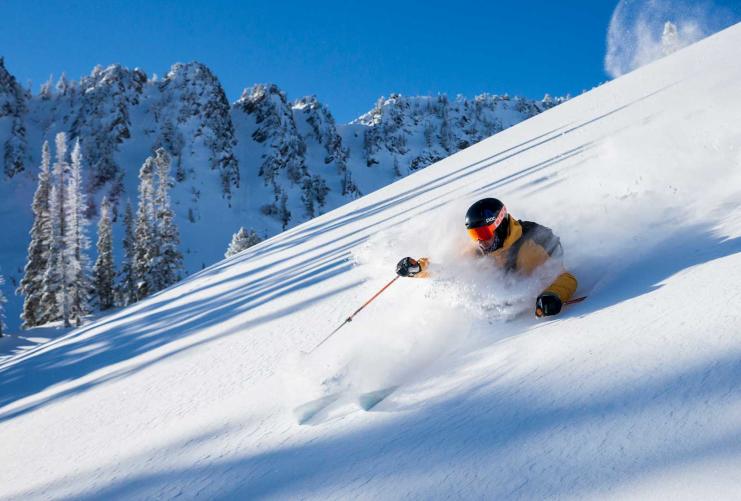 Skier skiing through deep powder snow