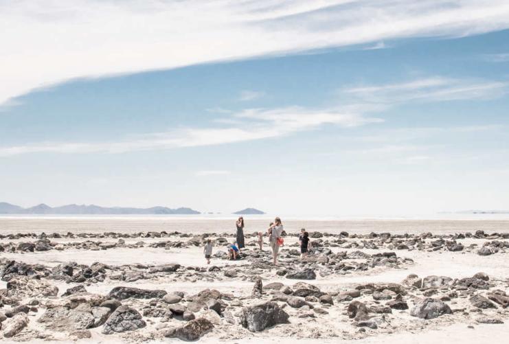 Family exploring the Spiral Jetty