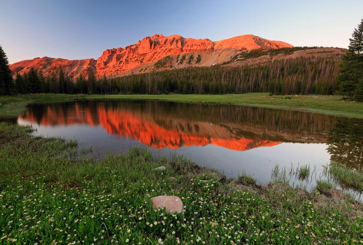 Hayden Peak reflected on a lake in the Uinta Mountains in Utah