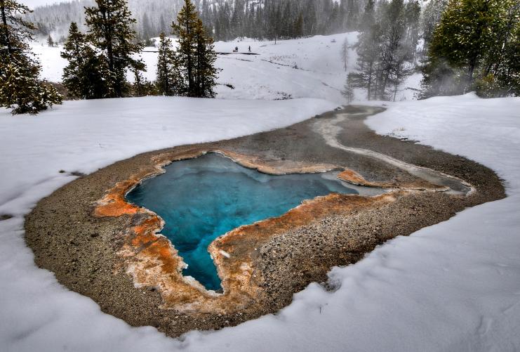 Snowy hot springs in Yellowstone National Park in Wyoming