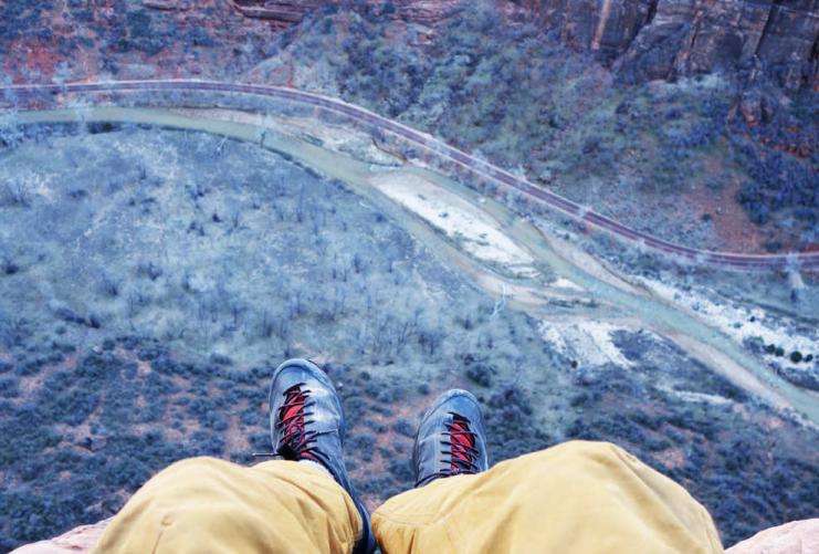 View from above on a portaledge on Moonlight Buttress in Zion National Park