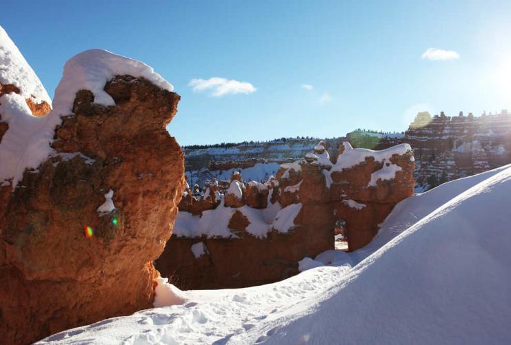 Queens Garden Trail in Bryce Canyon National Park covered in snow during winter