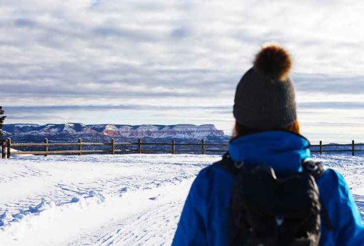 Back of skier enjoying the snowy view of Bryce Canyon National Park
