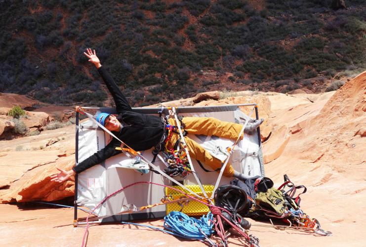 Climber on a portaledge on Moonlight Buttress in Zion National Park
