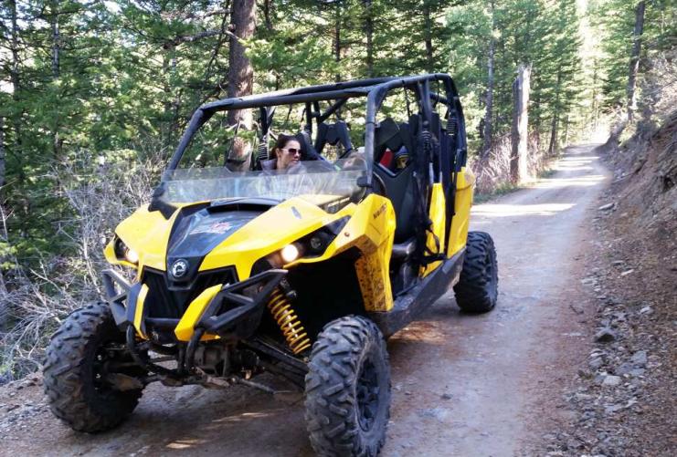 Family driving a yellow side-by-side on a dirt road