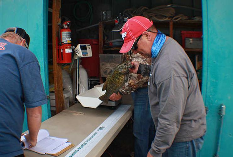 Fisherman showing catch to judge of fishing contest