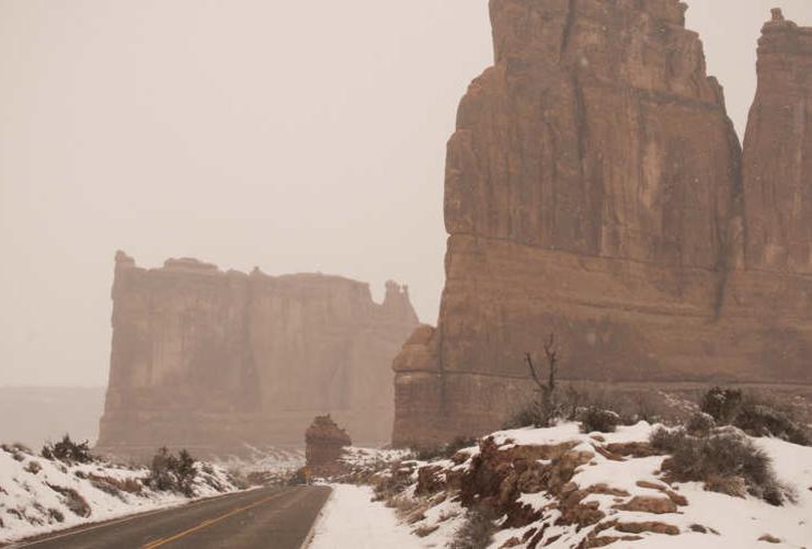 Courthouse Towers and Tower of Babel formations in the snow at Arches