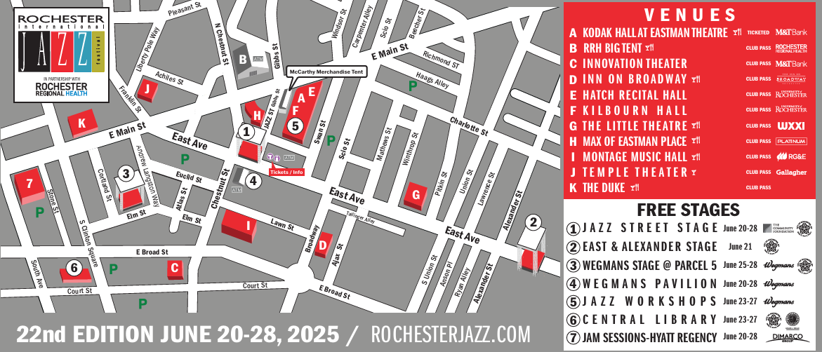 A grid map of the venues and locations for the 2025 Rochester International Jazz Festival.
