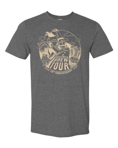 The 2026 Wicked Brew Tour T-shirt features a design with a coffee mug and beer mug with wheels driving toward Wichita