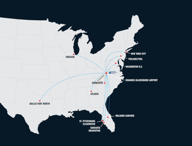 Roanoke-Blacksburg Airport - Air Service Map