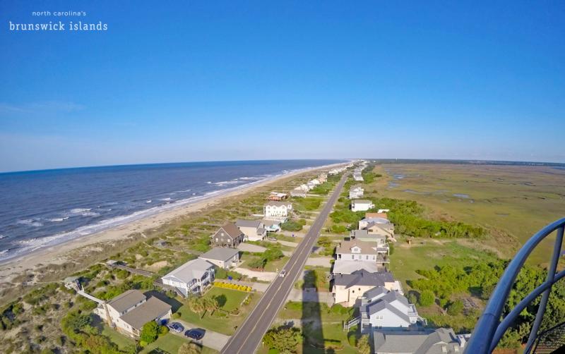 View from the top of the Oak Island Lighthouse in Caswell Beach, North Carolina.