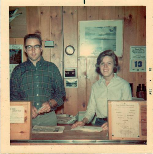 Bruce and Sue Kerfoot at Gunflint Lodge Front Desk 1969