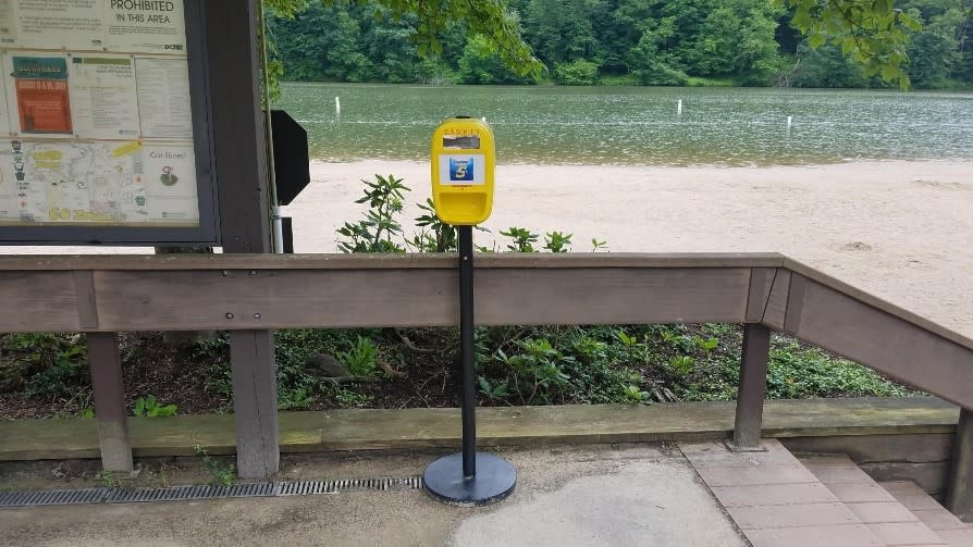 A free sunscreen dispenser at the beach at Laurel Hill State Park.