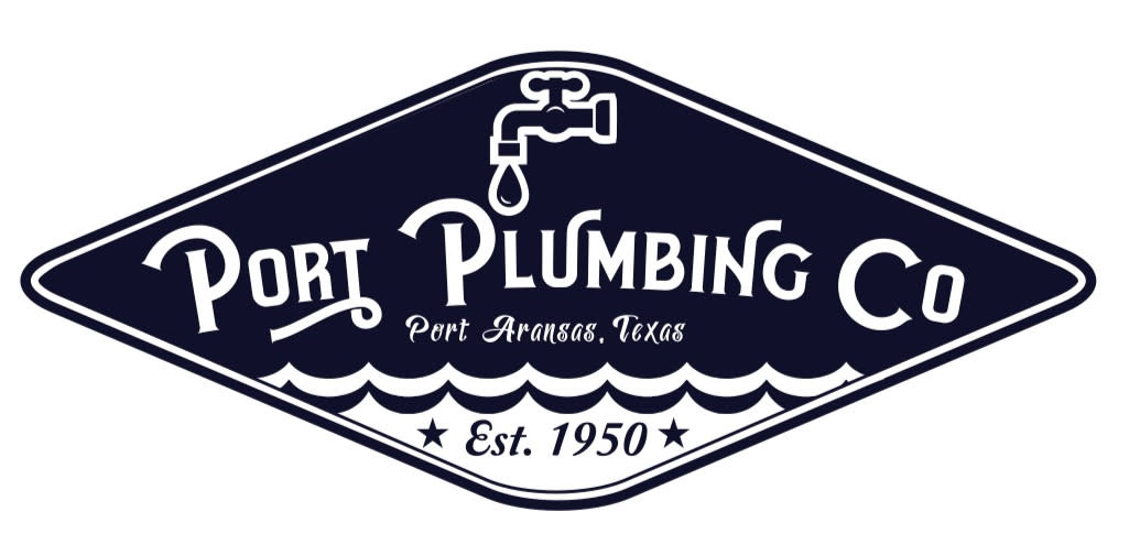 Navy blue diamond logo with white "Port Plumbing Co Port Aransas, Texas Est. 1950" inside