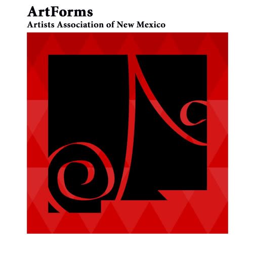 a stylized silhouette of the state of New Mexico with a stylized A over the shape on a red background with triangular patterns. Text reads "ArtForms Artists Association of New Mexico"