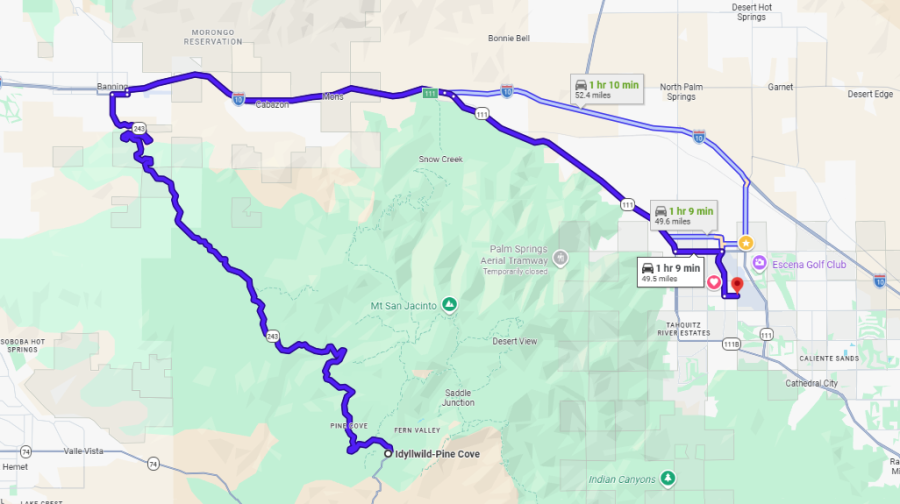 Palm Springs to Idyllwid map