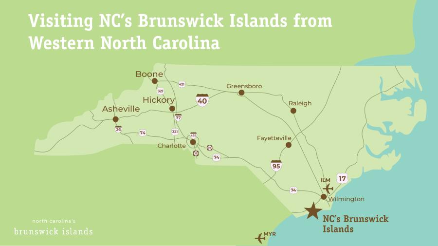 a graphic showing a map of NC with highways in western NC leading to NC's Brunswick Islands