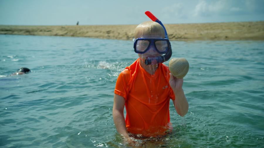 kid with seashell - snorkeling