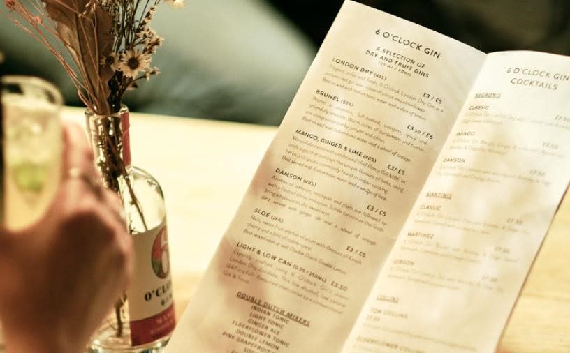 The six o'clock Gin Glassboat menu
