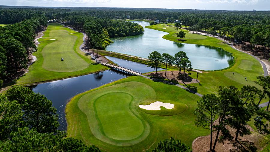 an aerial view of two golf course holes on Sea Trail Golf Resort's Byrd course
