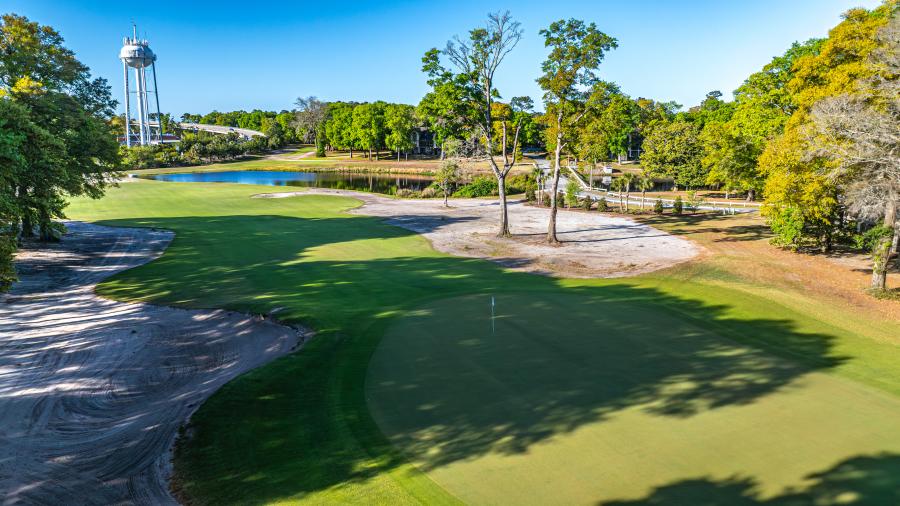 an aerial view of a golf course green on the Maples Course at Sea Trail Golf Resort in Sunset Beach, NC