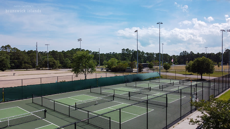 an aerial view of 5 pickleball courts at the Ocean Isle Beach Town Park