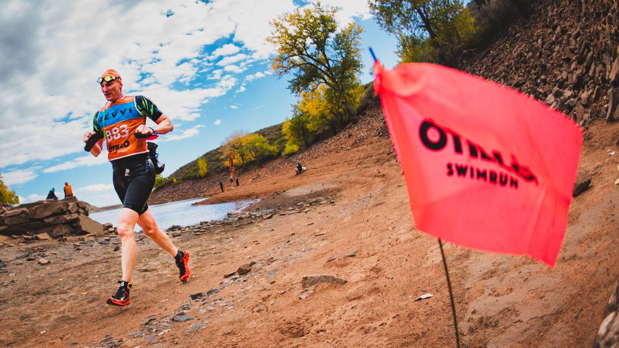 A competitor in the Otillo race which is a swim-run event at Lory State Park.