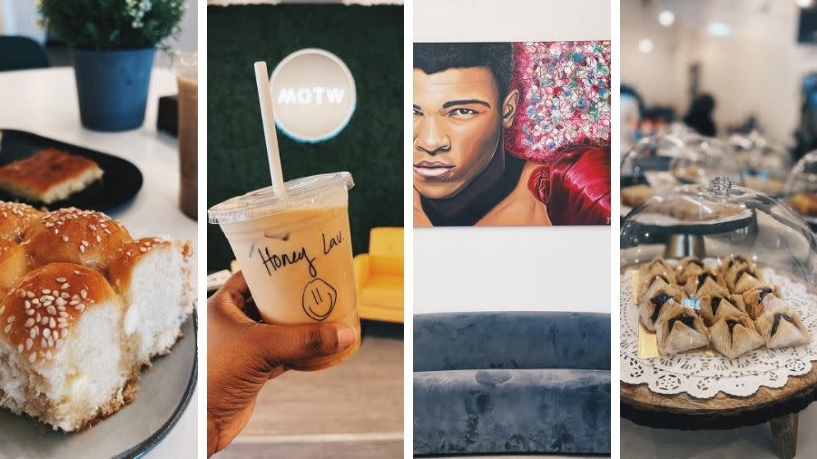 MOTW Coffee Collage - bread, iced honey lavender latte mural of Mohammad Ali, and Baklava