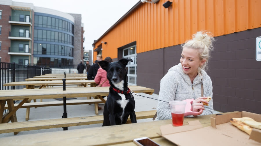 A Woman and her dog at the Metazoa Brewing Co. patio