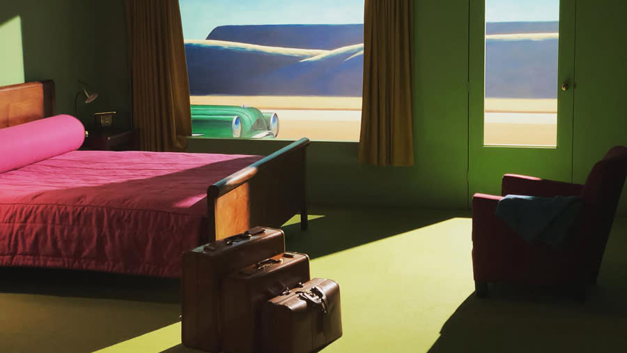 A painting of a hotel room