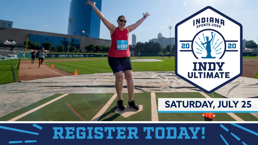 Indy Ultimate Event listing, with Indiana Sports Corp Logo and event date at the bottom. Woman standing on a home base in a baseball field in Indianapolis. 