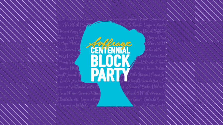 purple design with silhouette of a woman in blue. Words "Suffrage Block Party"