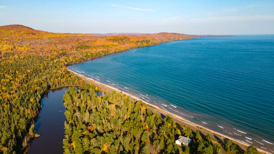Aerial drone image of Lake Superior shoreline near Lac La Belle